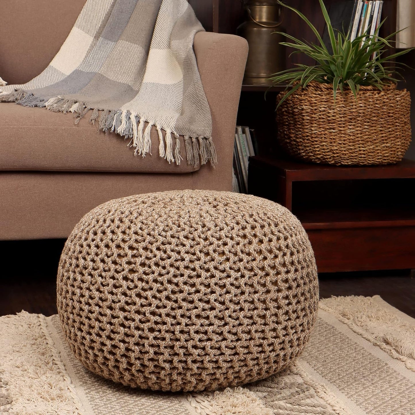 REDEARTH Round Pouf Ottoman - Hand Knitted Cable Boho Poof Home Décor Pouffe Circular Footrest for Living Room - Nursery - Bedroom - Lounge 100% Cotton (18”x18”x14”) - Beige Ivory