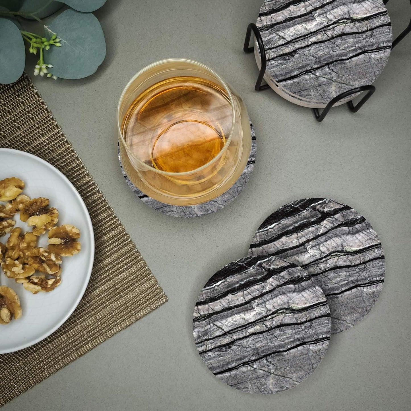 Emerson Coasters for Drinks Absorbent – Natural Stone Drink Coasters Set with Holder, Coasters for Coffee Table, Wooden Tabletop Protection Marble Style – 100% Heavy Duty Set of 6 (Obsidian)
