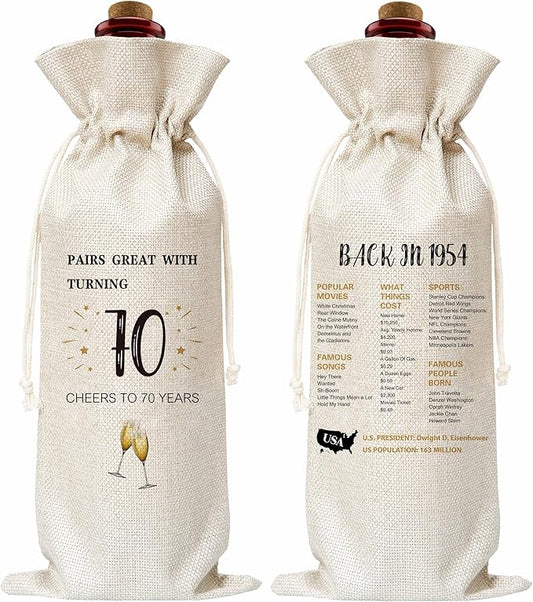70th Birthday Wine Gift Bag, Cotton Burlap Wine Bags, 1954 Wine Bottle Cover Bag Birthday Gifts for Women, Men, Friends, Co-workers, Teachers, Grandpa, Grandma(03)