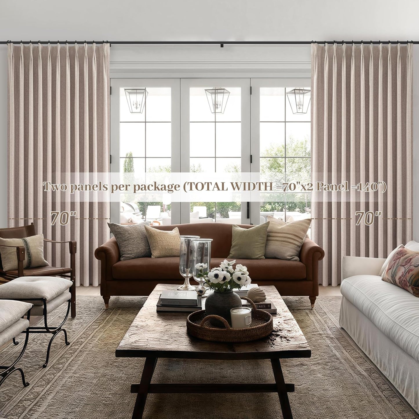 Pinch Pleated Flax Linen Blackout Extra Wide Curtain Panels for Living Room/Sliding Glass Door, Thick Burlap Memory Trained Window Drapes Insulated with Back Tab Dining Room (70"Wx102"Lx2 Panels)