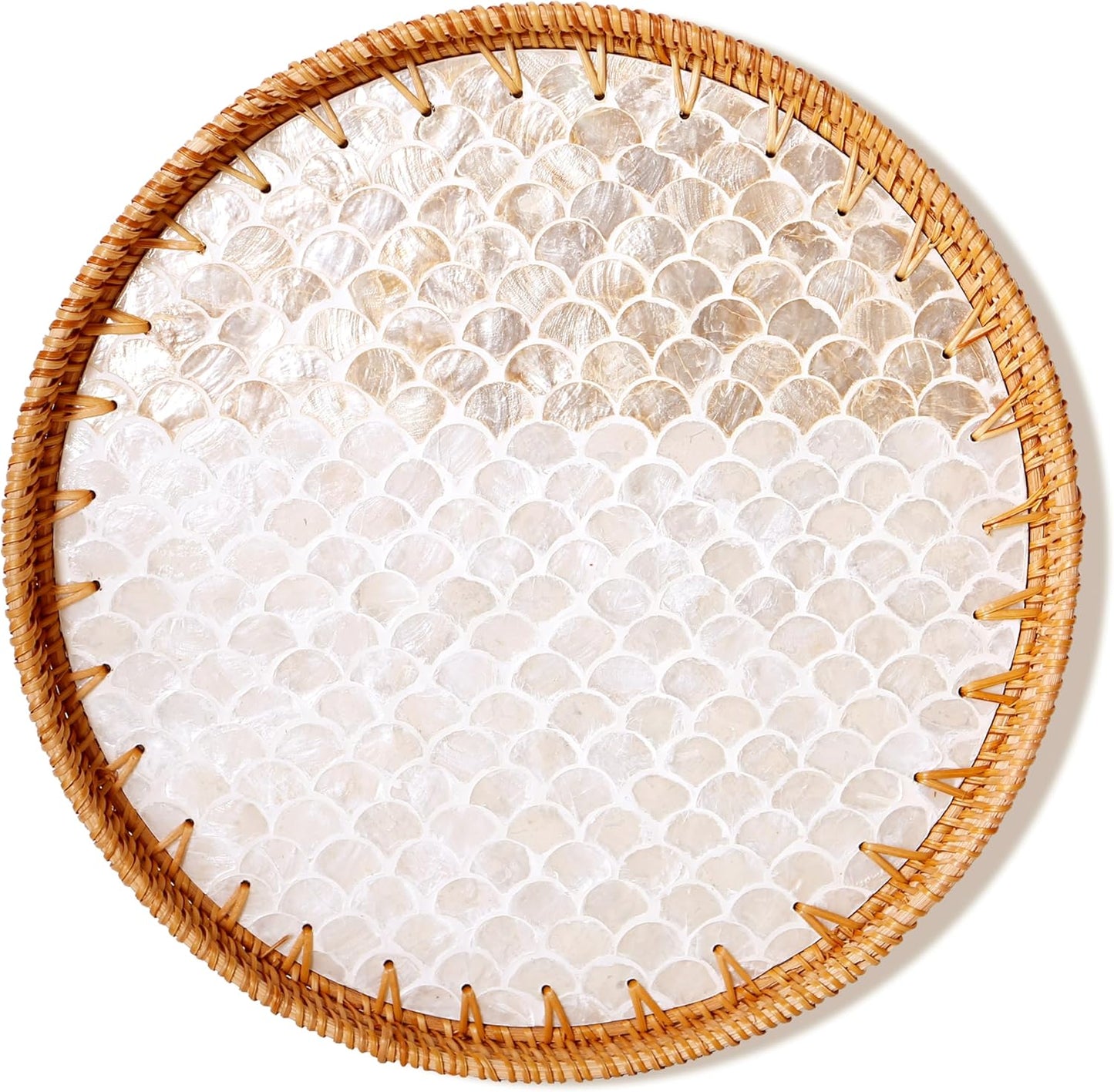 Round Rattan Tray with Mother of Pearl Inlay & Wooden Base - Decorative Wicker Serving Tray for Coffee/Bread/Fruits, Food Storage & Display - Multipurpose Home Decor (M,Fish Scales)