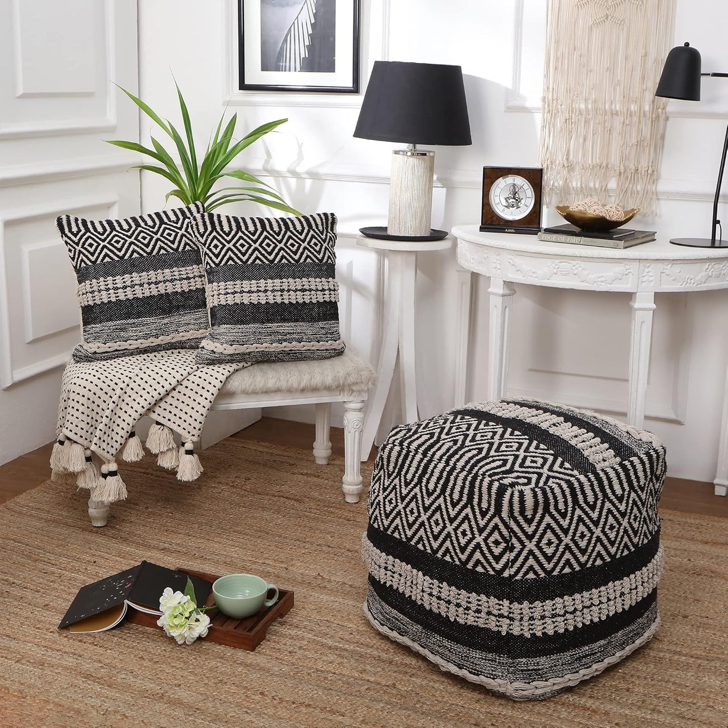 REDEARTH · Tufted Pouf Ottoman with Filler Textured Storage Cube Bean Bag Pouffe Footrest for Living Room, Bedroom, Nursery, Kidsroom; 100% Cotton (17.5"X17.5"X17.5", Char Delineate Black)