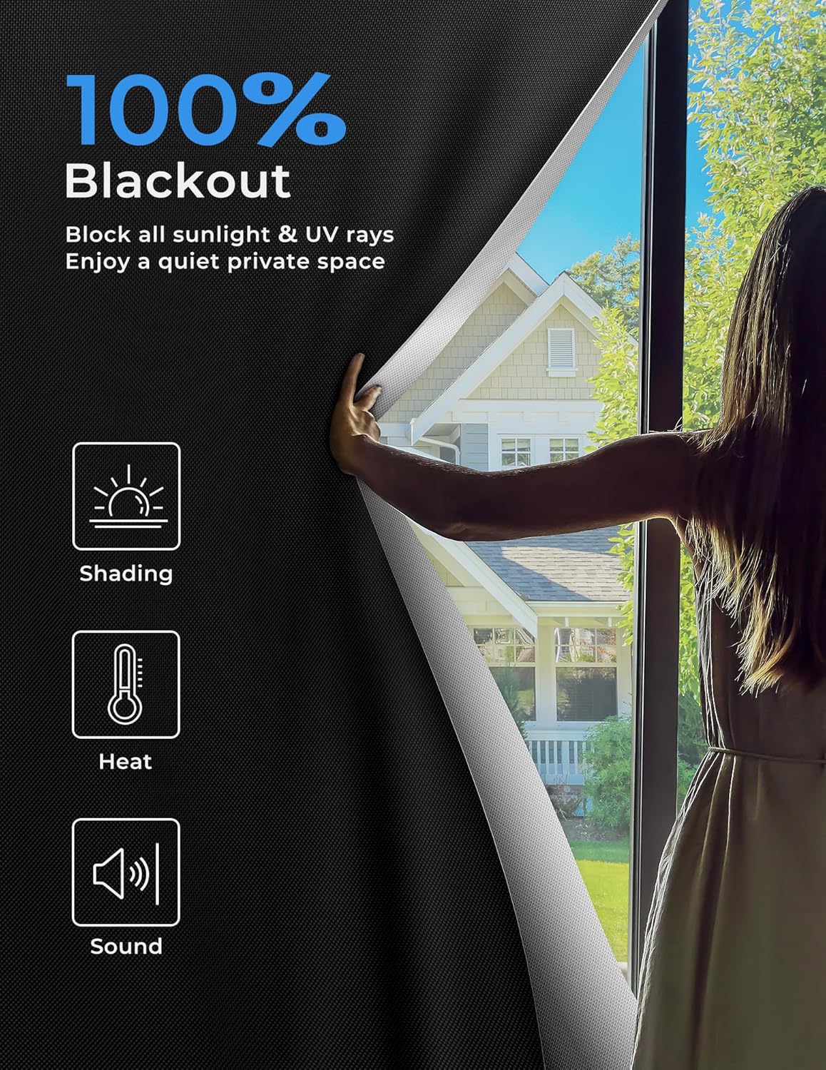 Sumobaby Blackout Curtains for Bedroom 108"x70"Portable Black Out Window Cover with Heat-Resistant Hook&Loop Tape,100% Blackout Shades No Drill Blinds for Windows DIY Cut Fit for Nursery,TV Room，Black