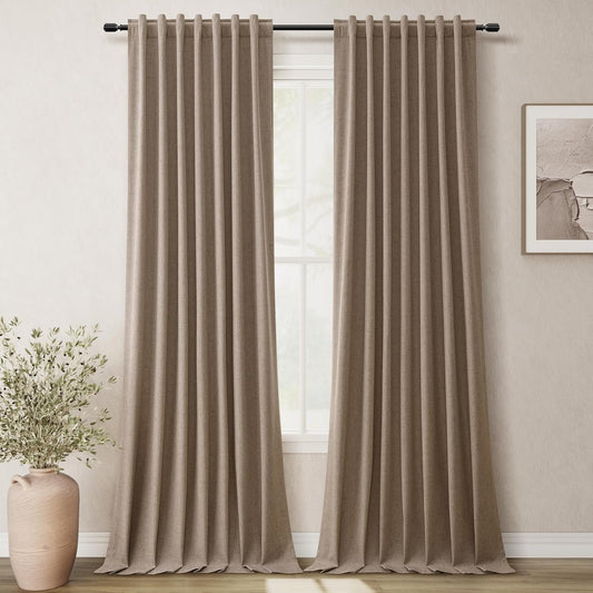 BOODII Room Darkening Curtains Brown Black Out Curtains 96 Inches Long 2 Panel Set Back Tab Neutral Linen Curtain for Sliding Door Modern Farmhouse Living Room Blackout Drapes Soundproof 52x96