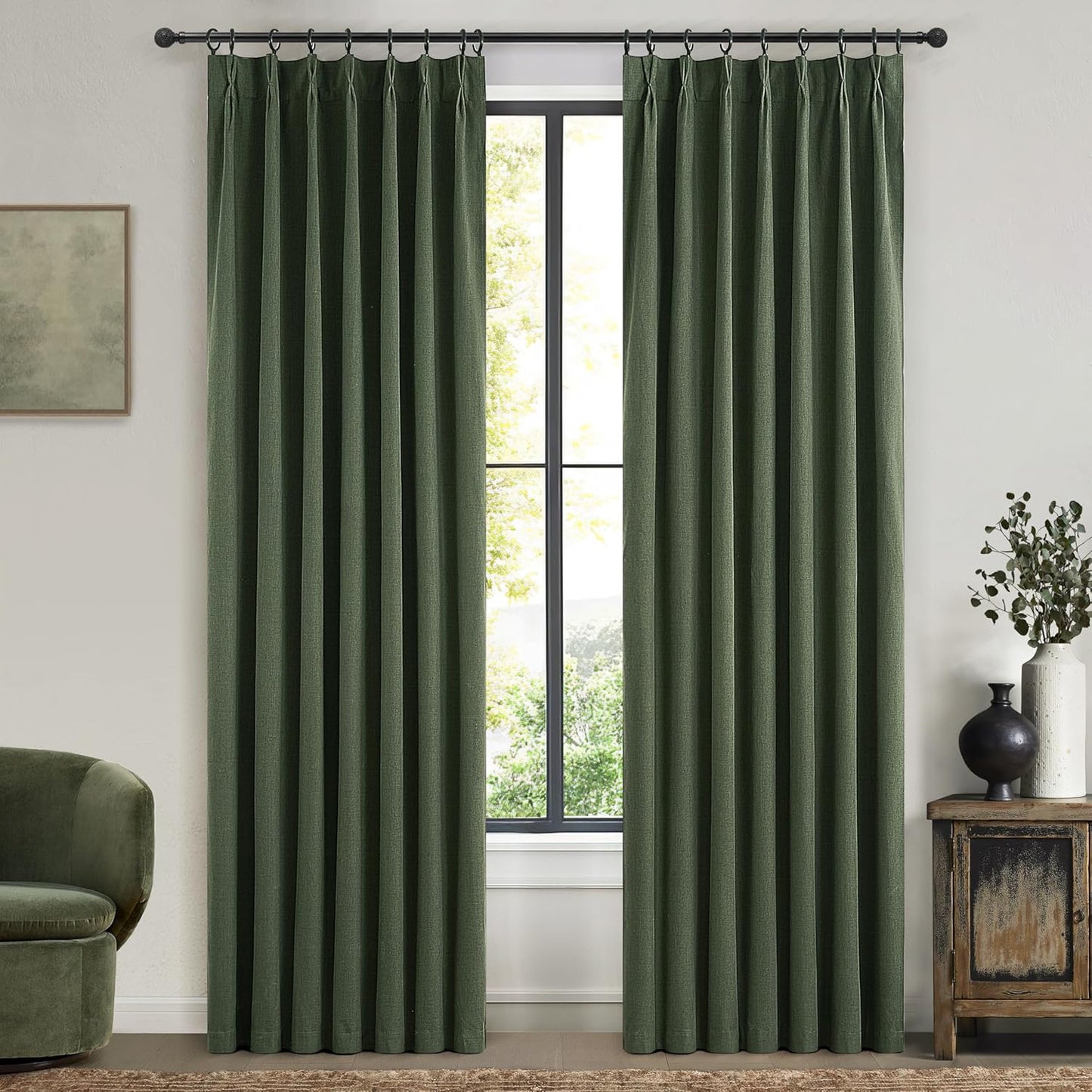 Loden Spring Living Room Curtains Linen 90 Inches Long Pinch Pleated Traverse Window Curtains Complete Blackout Heat & Cold Blocking for Sliding Glass Dark Olive Green Drapes (40"wx90"Lx2 Panels)