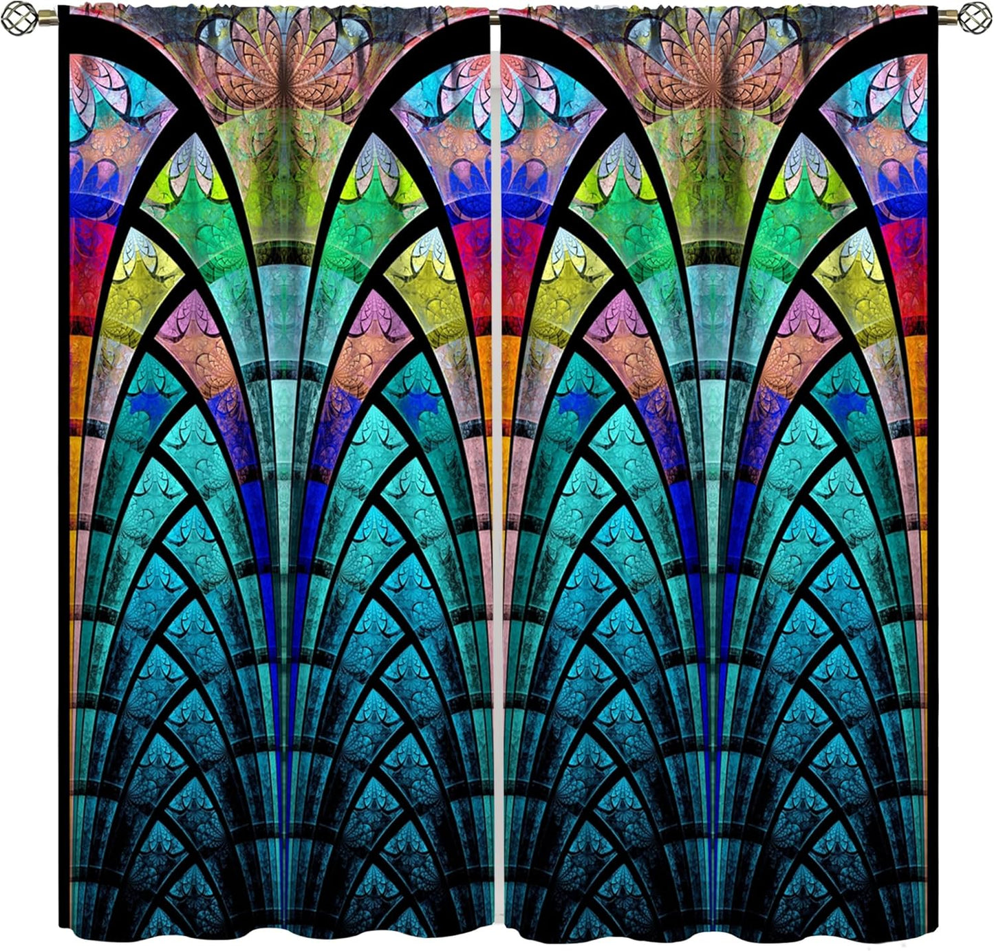 Stained Glass Curtains,Retro Design Style Colorful Abstract Art Home Decor Drapes for Bedroom Living Room Kitchen Window Treatment 2 Panels Set Total Size 63" W X 72" L Inch