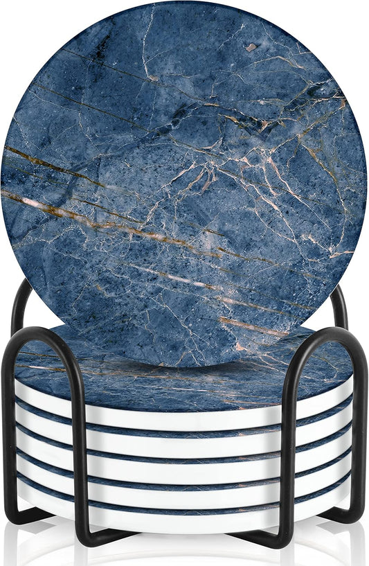 Emerson Coasters for Drinks Absorbent – Natural Stone Drink Coasters Set with Holder, Coasters for Coffee Table, Wooden Tabletop Protection Marble Style – 100% Heavy Duty Set of 6 (Ocean)