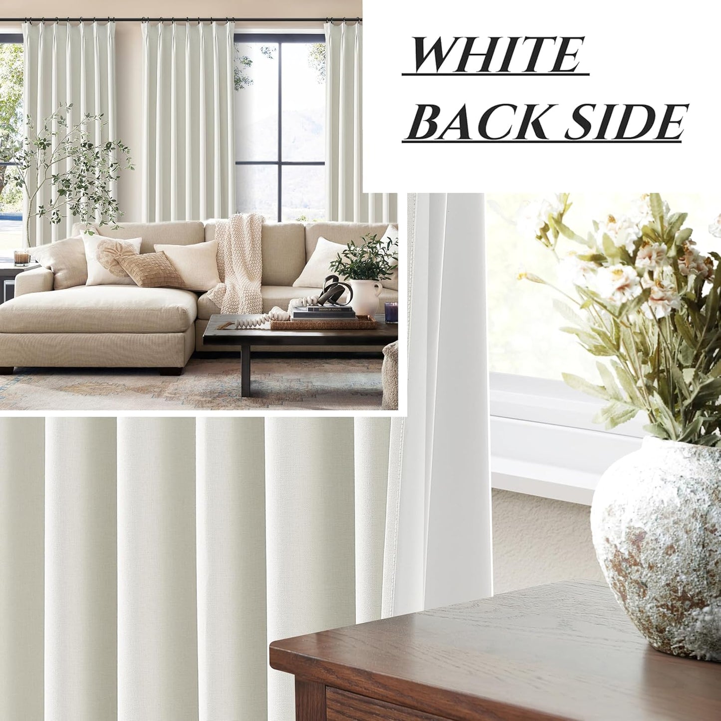 Beige White Pinch Pleated Linen Mini Curtains for Small Window 2 Panels Set, Pretty 100% Blackout Curtains 45 Inches Long Hooks Rings Back Tab for Kitchen Windows Insulated Privacy Drapes