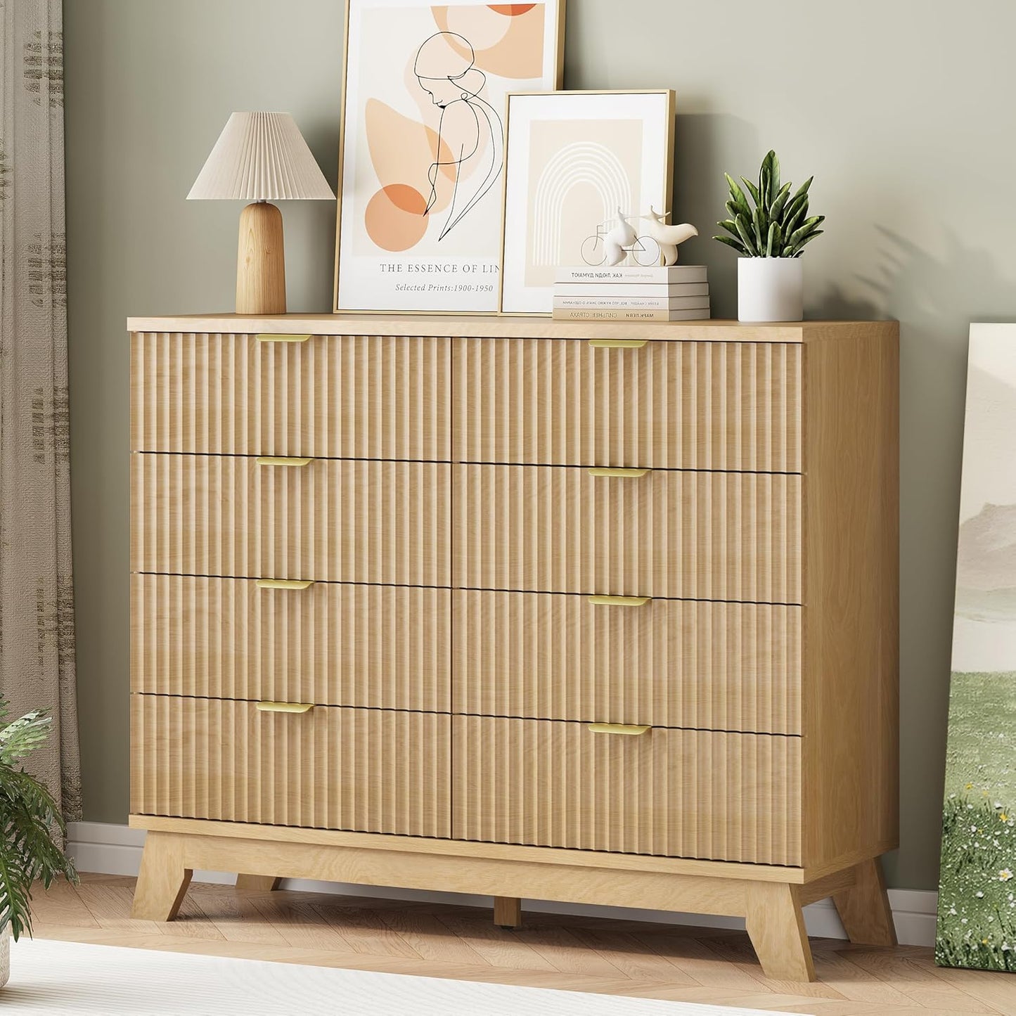 Fluted Dresser for Bedroom with 8 Drawers, 48" Wide Modern Chest of Drawers with Metal Handle, Wooden Dresser TV Stand, Wood Closet Clothes Storage Organizer for Living Room, Hallway, Natural Oak