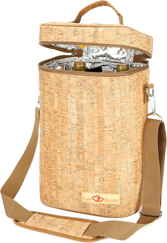 Insulated Wine Bag, Cork 4 Bottles Wine Gift Bags, Cooler Carrier Tote Bag for Travel Party Beach Wedding Reusable & Recyclable