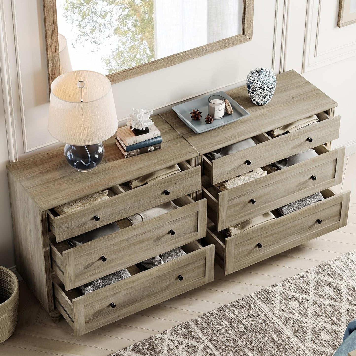 WAMPAT Kids Dresser for Bedroom with 6 Drawers, Rustic Oak Baby Dressers with Wide Chest of Drawers, Modern Wooden Closet Storage Organizer, Large Wood Dressers for Living Room, Nursery, Hallway