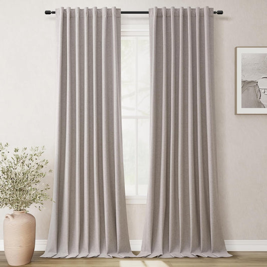 Brownish Grey Linen Blackout Curtains for Bedroom 84 Inch Length 2 Panels Set Room Darkening Curtains Black Out Curtain Neutral Thermal Insulated Living Room Winter Window Drapes Back Tab 52x84