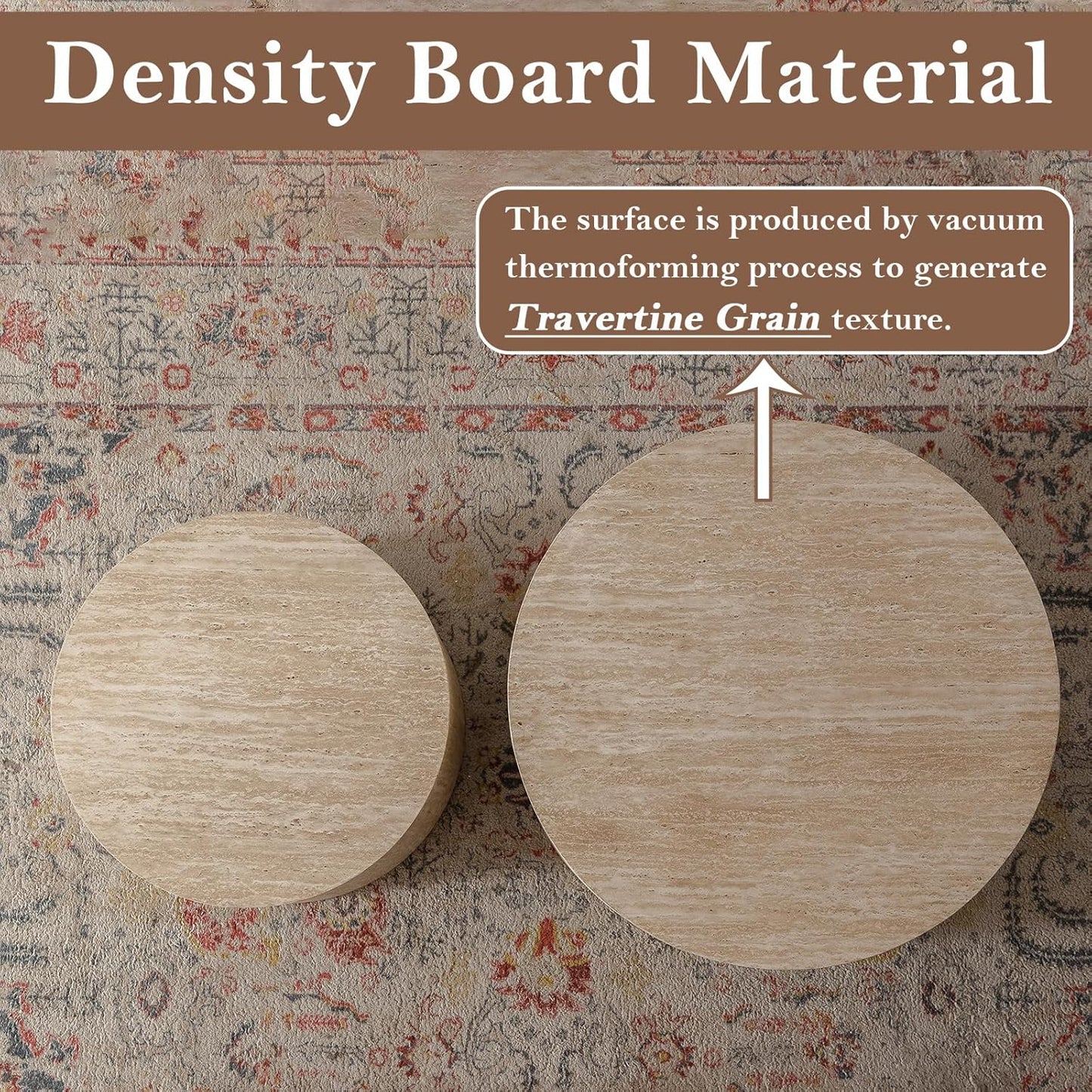 Round Nesting Coffee Table Set of 2 Modern Round Fluted Coffee Table Small Circle Coffee Tables Circular Side Table End Table Nested Coffee Tables for Living Room (Travertine 26in)