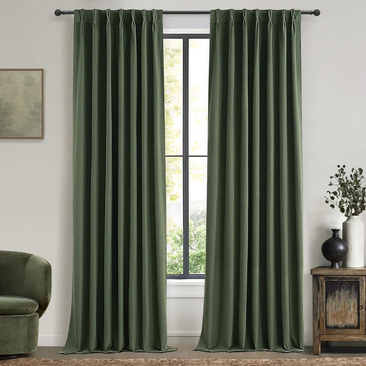 Lush Decor 120 Inch/10ft Long Insulated Back Tab Pinch Pleated Curtains, Linen Olive Green Linen Blackout Window Drapes 2 Panels, Room Darkening Extra Long Tall Curtains for Living Room