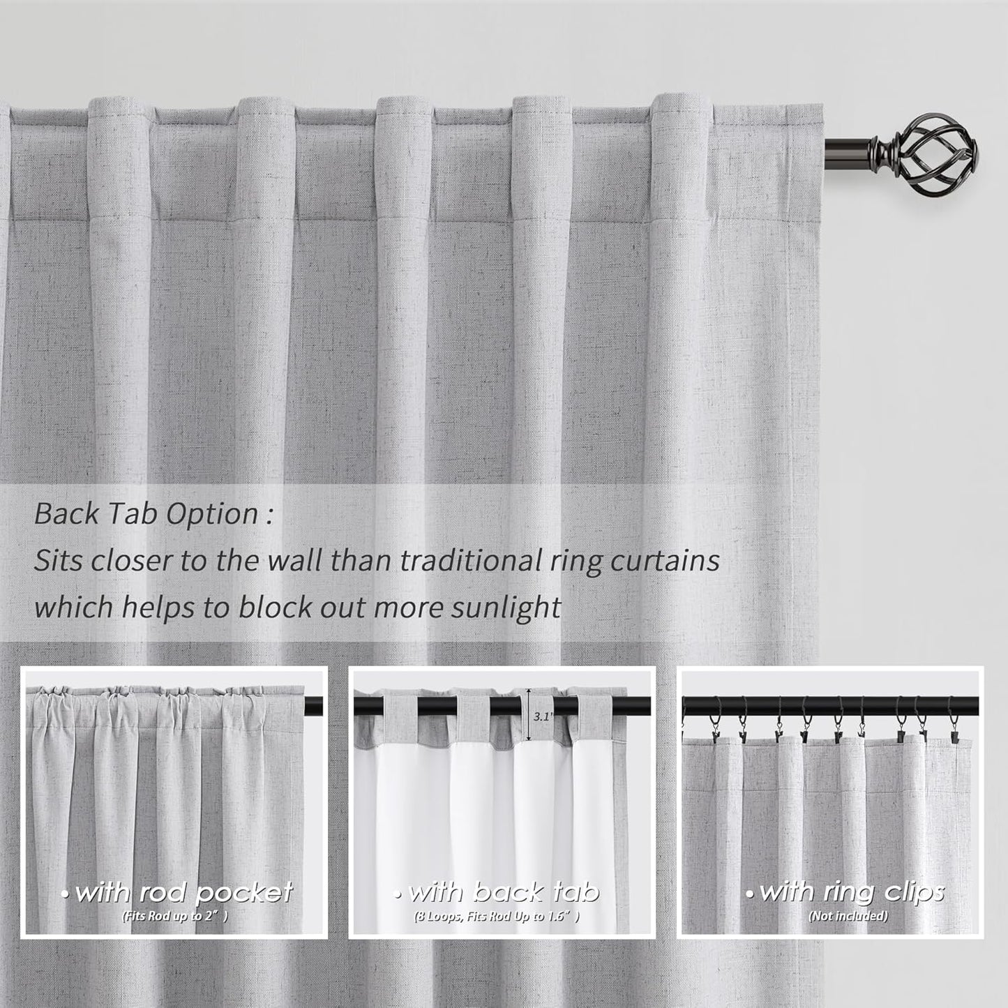 Natural Linen Black Out Curtains 108 Inches Long 2 Panels Set Back Tab Grey Room Darkening Curtains 100% Blackout Light Gray Thermal Insulated Drapes for Living Dining Room Patio Door Large Window