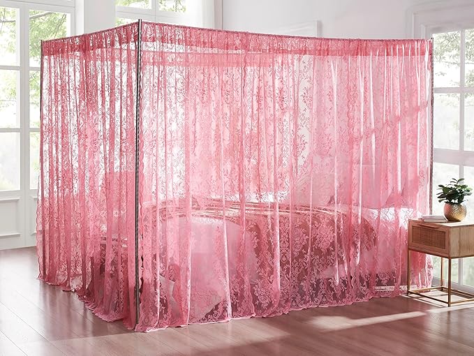 Warm Home Designs Lace Canopy Bed Curtains Set Consists of 8 48" x 78" Pink Canopy Curtains with Tie-Backs. Queen Canopy Bed Curtains or King Bed Canopy Curtains for Coquette Bedroom Decor. LC Rose