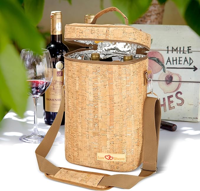 Insulated Wine Bag, Cork 4 Bottles Wine Gift Bags, Cooler Carrier Tote Bag for Travel Party Beach Wedding Reusable & Recyclable