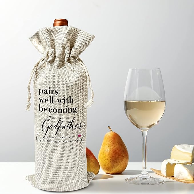 Godfather Wine Gift Bags - Gift for Godfather, Uncle, Godparent, Baptism - Reusable Burlap With Drawstring Gift Bag (5.5"x 13.5")-1 Pcs/jiu063