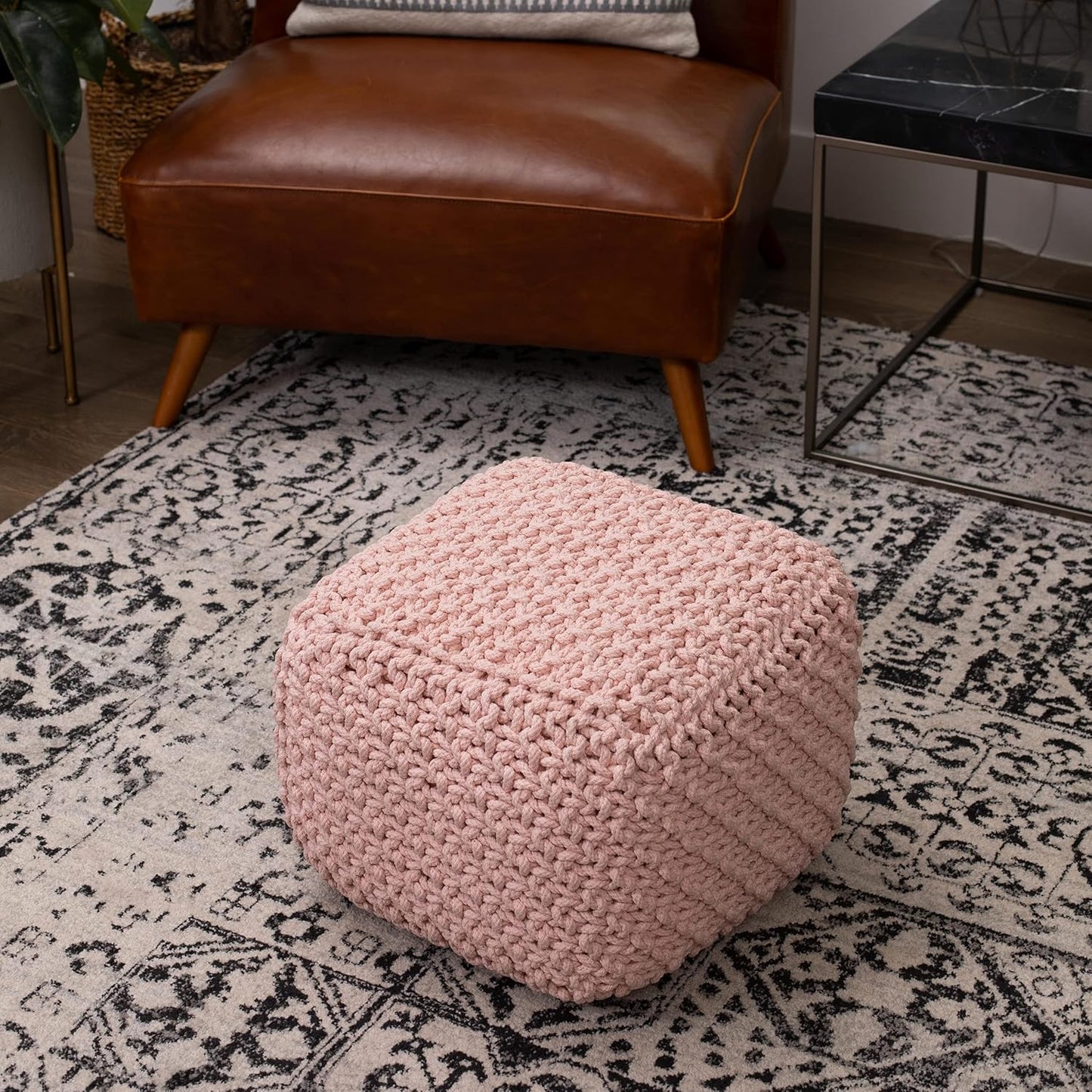 BIRDROCK HOME Square Pouf Ottoman | Cotton Braided Foot Stool with Bean Bag Filling | Boho Foot Rest for Living Room, Bedroom | Compact & Comfortable Seating, Lightweight & Sturdy | Dusty Rose