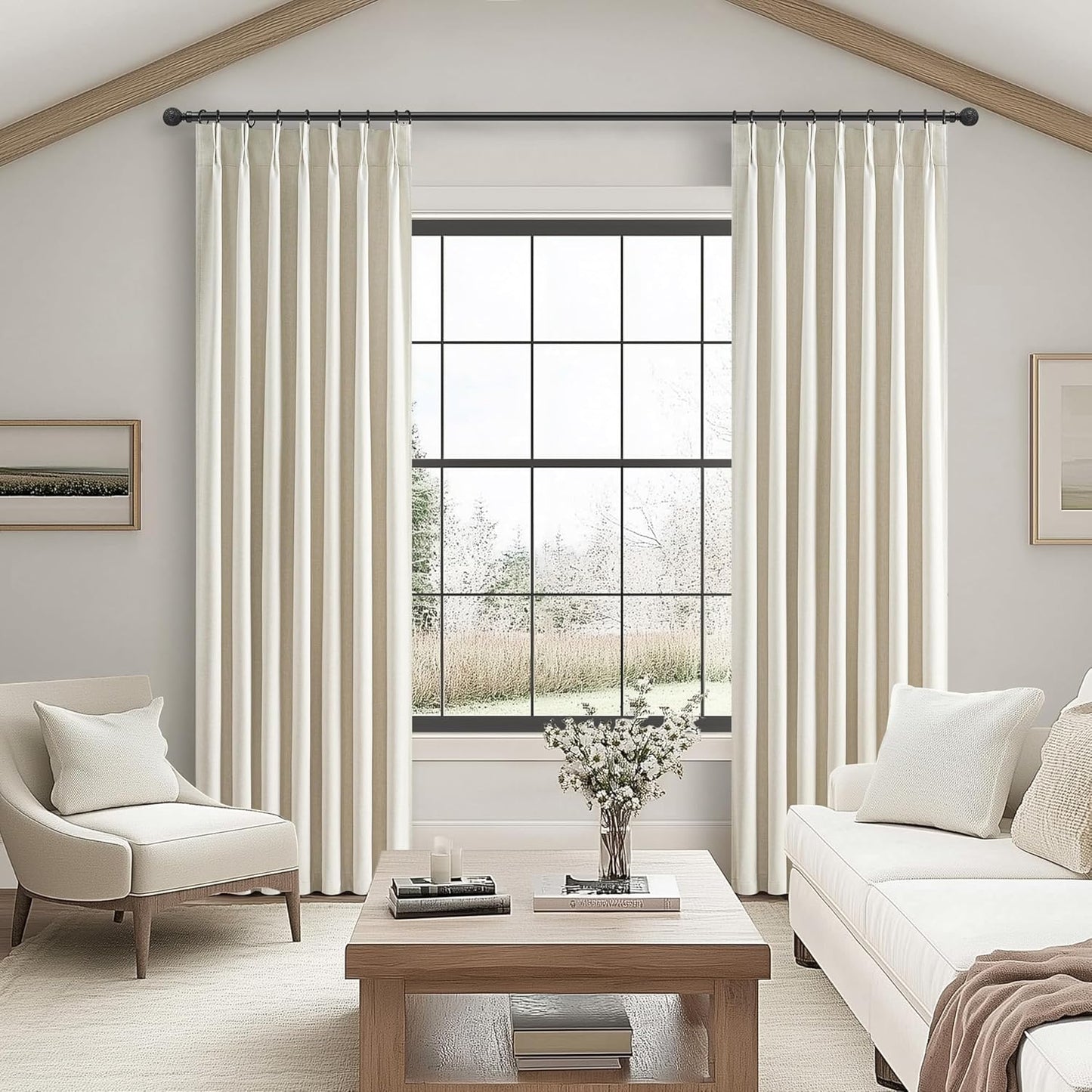 Cream Linen Curtains 120 Inches Long for Bedroom, Ceiling Mount Track Curtains with Back Tab Pinch Pleated Blackout Drapes for Sliding Glass Patio Doors Inside 10 ft Large Window Farmhouse 2 Panels