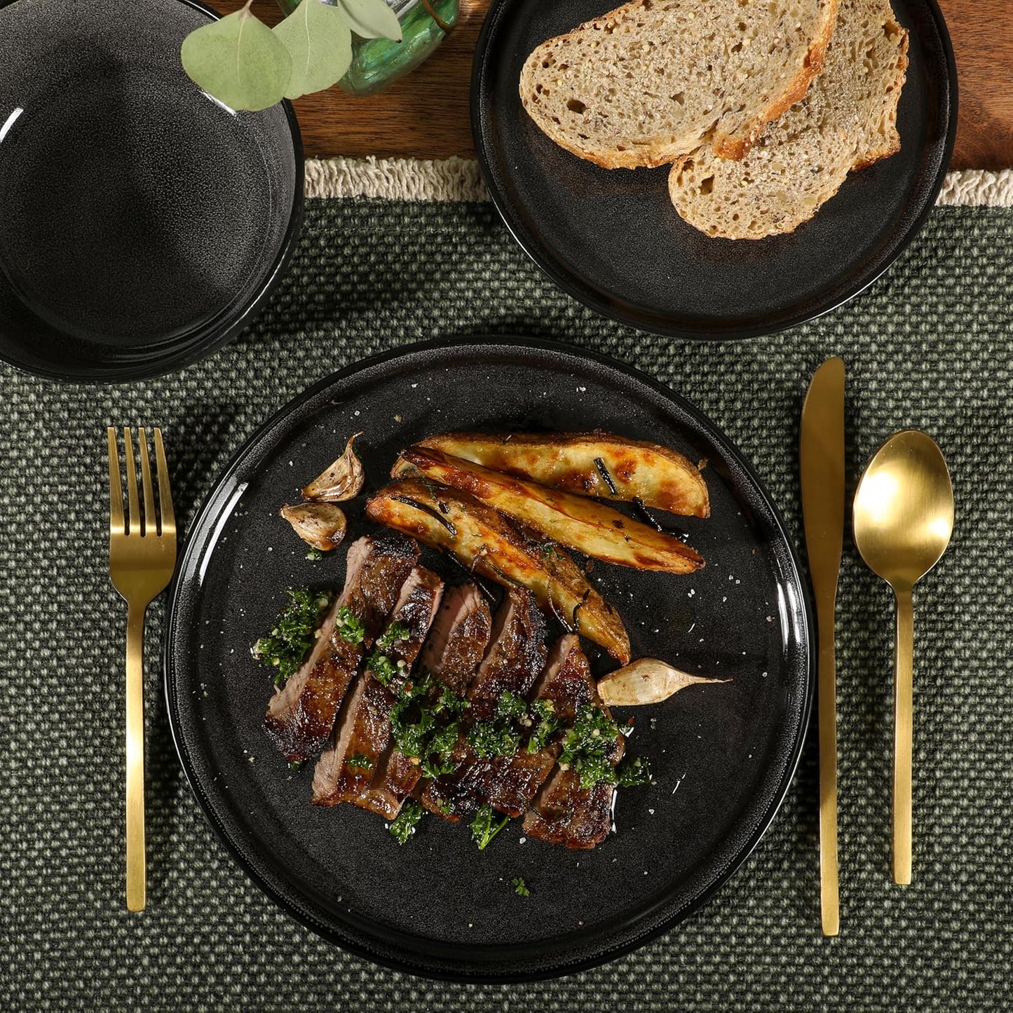 Gibson Elite Tahoe Sunset 12 Piece Stoneware Reactive Glaze (Service for 4) Ceramic Plates and Bowls Dinnerware Set - Black
